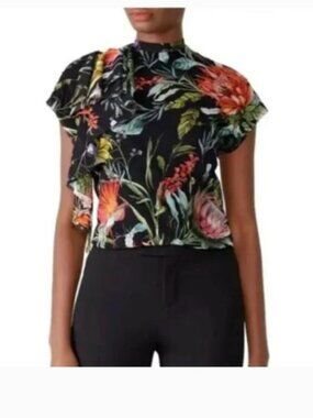 Fuzzi Mesh Blouse Sleeveless Black Floral Tropical Side Ruffle High Neck Sz S